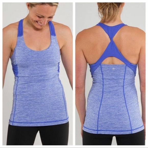 Lululemon Spin Me Tank Top Womens 6 Heather Blue Built In Bra Racerback Logo - Picture 1 of 5